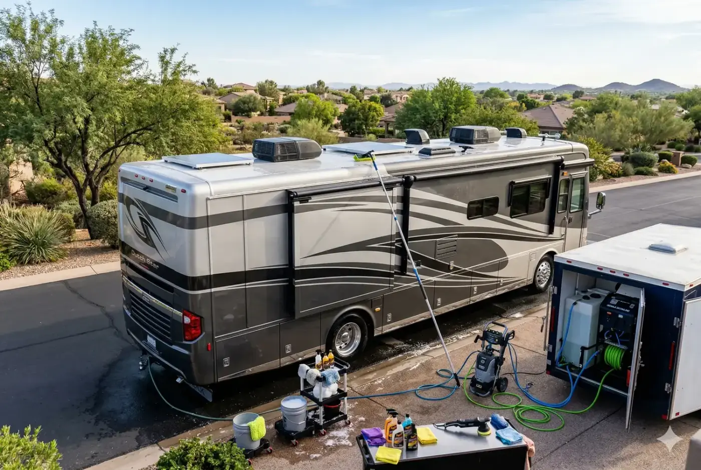 Mobile RV detailing set up alongside a motorhome