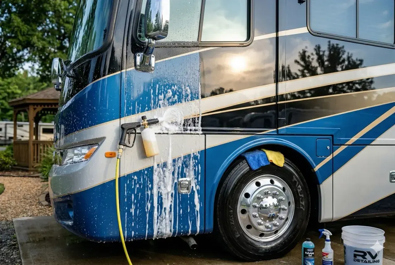 Motorhome washed down during a full RV detail